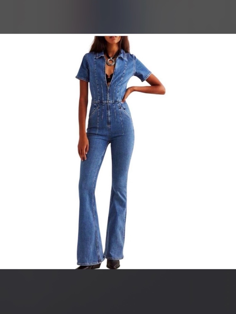 We The Free Blue Denim Flare Jumpsuit